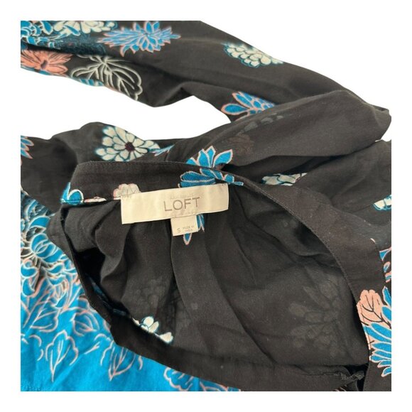 LOFT Women SZ Small Semisheer Floral Black & Blue Long-Sleeve Tunic Top Blouse - Picture 3 of 12